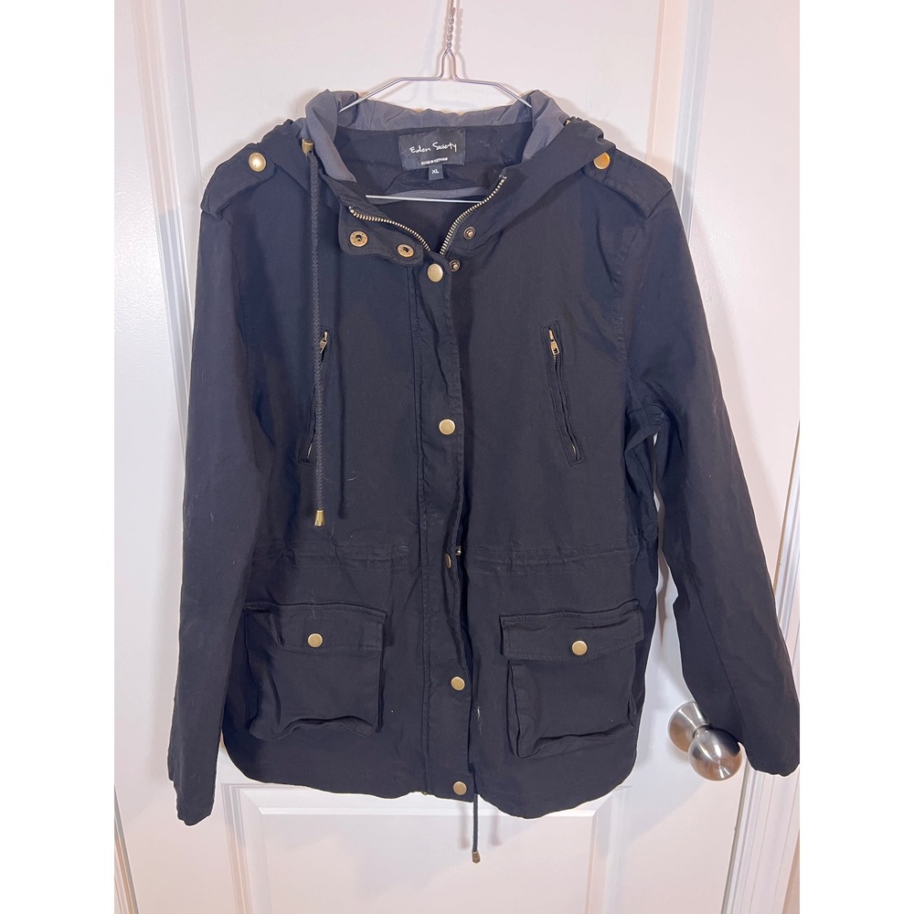 Eden Society Womens Utility Jacket Hooded Drawstring Waist Black XL